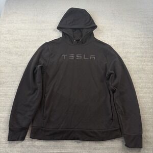 Tesla Hoodie Unisex Medium Black Wordmark Logo Pullover Fleece Sweatshirt Casual